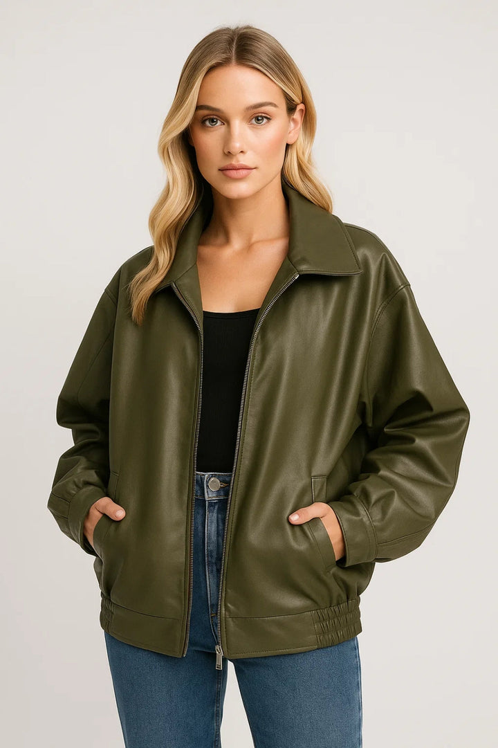 Apollonia | Blouson chic bomber oversize zippé en simili cuir pour femme