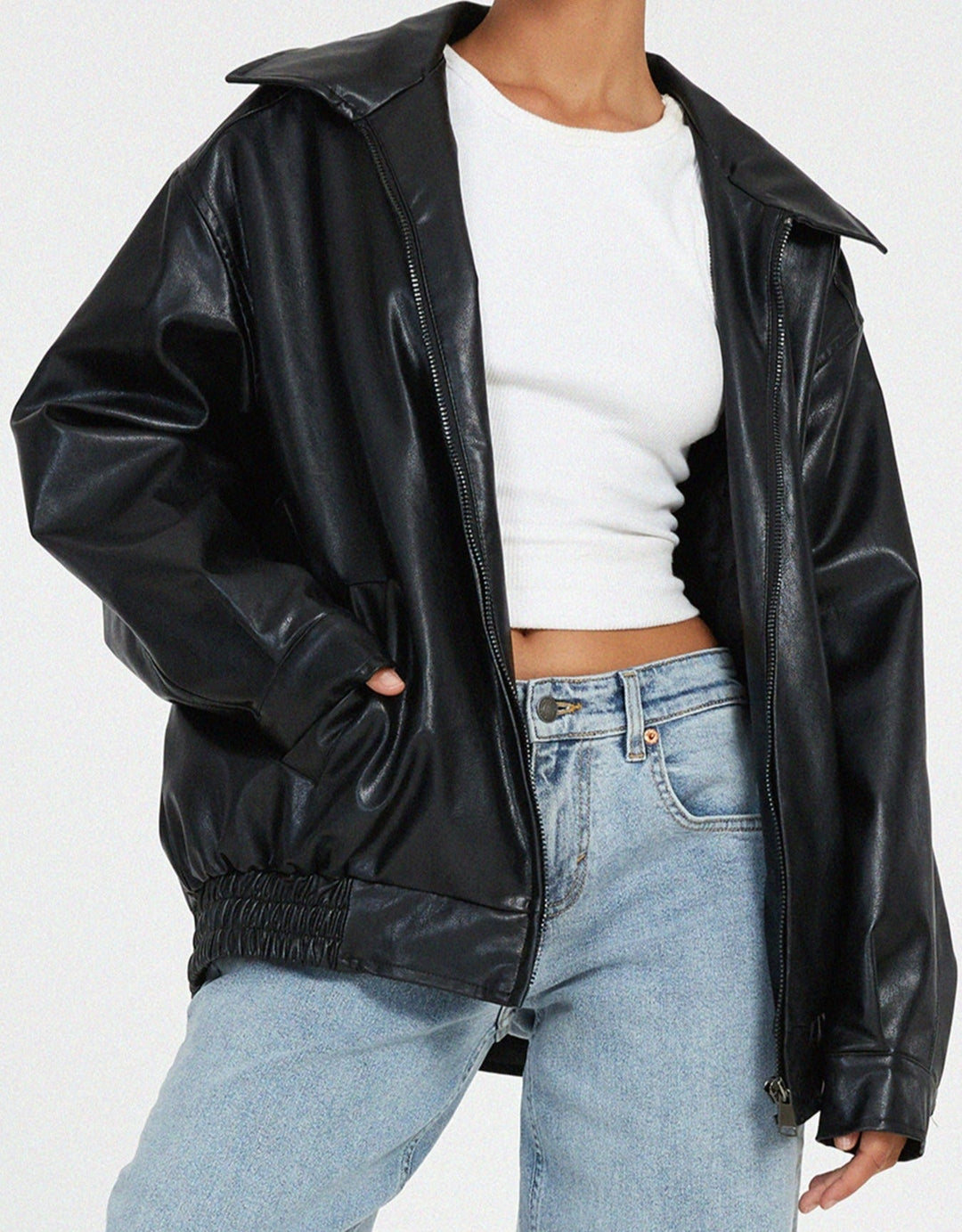 Romée | Blouson élégant bomber oversize en simili cuir zippé pour femme