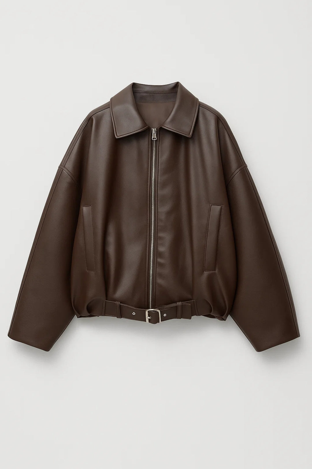 Barbara | Veste élégante oversize courte zippée en simili cuir avec ceinture pour femme