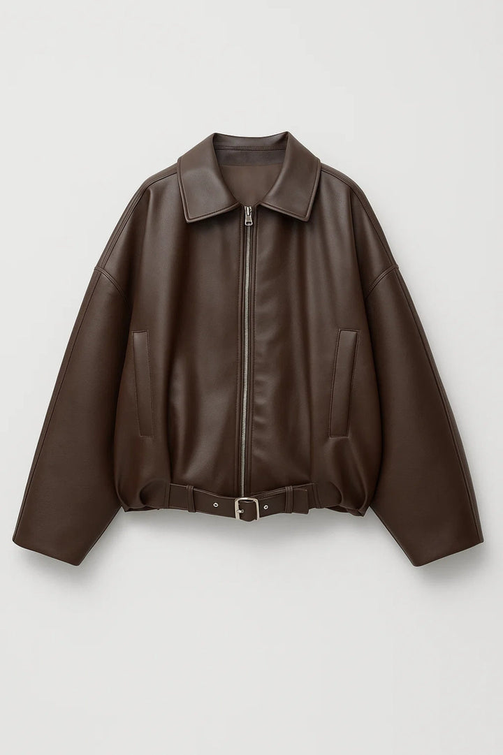 Barbara | Veste élégante oversize courte zippée en simili cuir avec ceinture pour femme