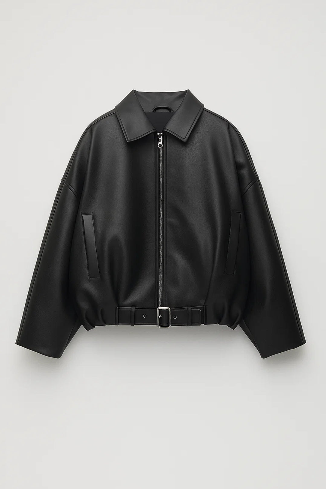 Barbara | Veste élégante oversize courte zippée en simili cuir avec ceinture pour femme