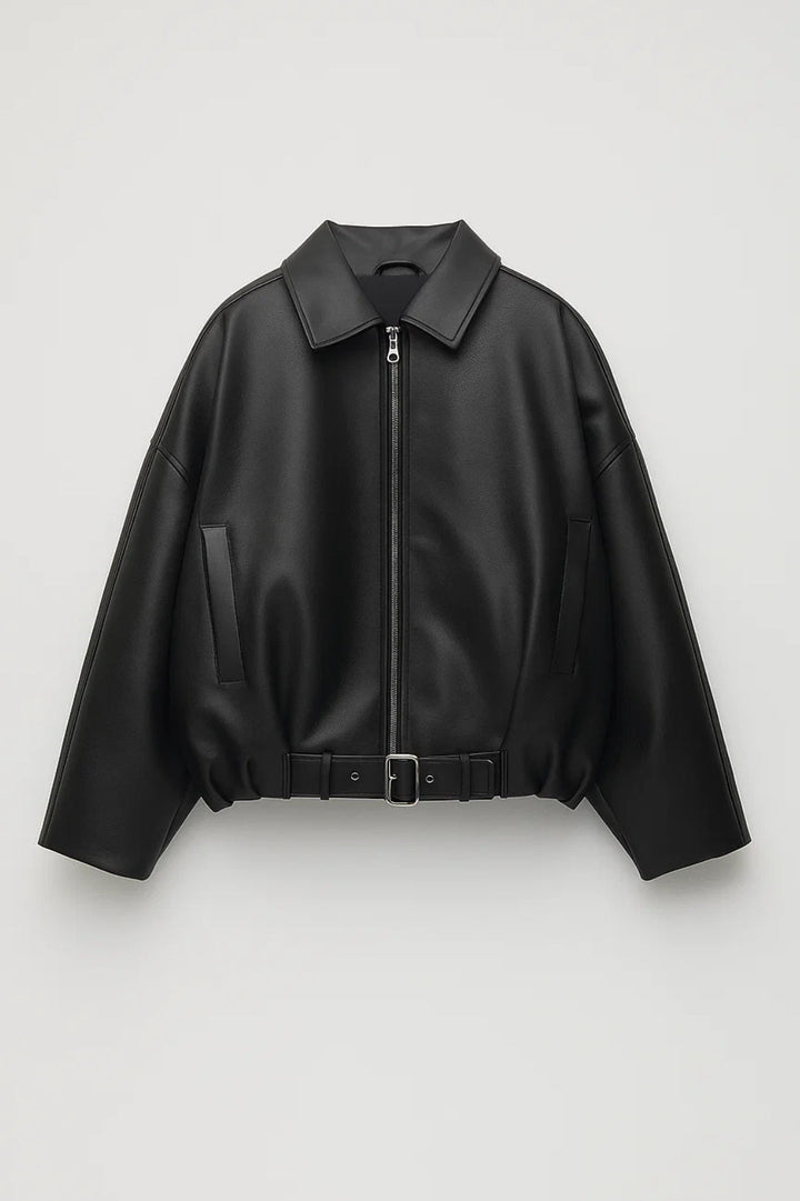 Barbara | Veste élégante oversize courte zippée en simili cuir avec ceinture pour femme