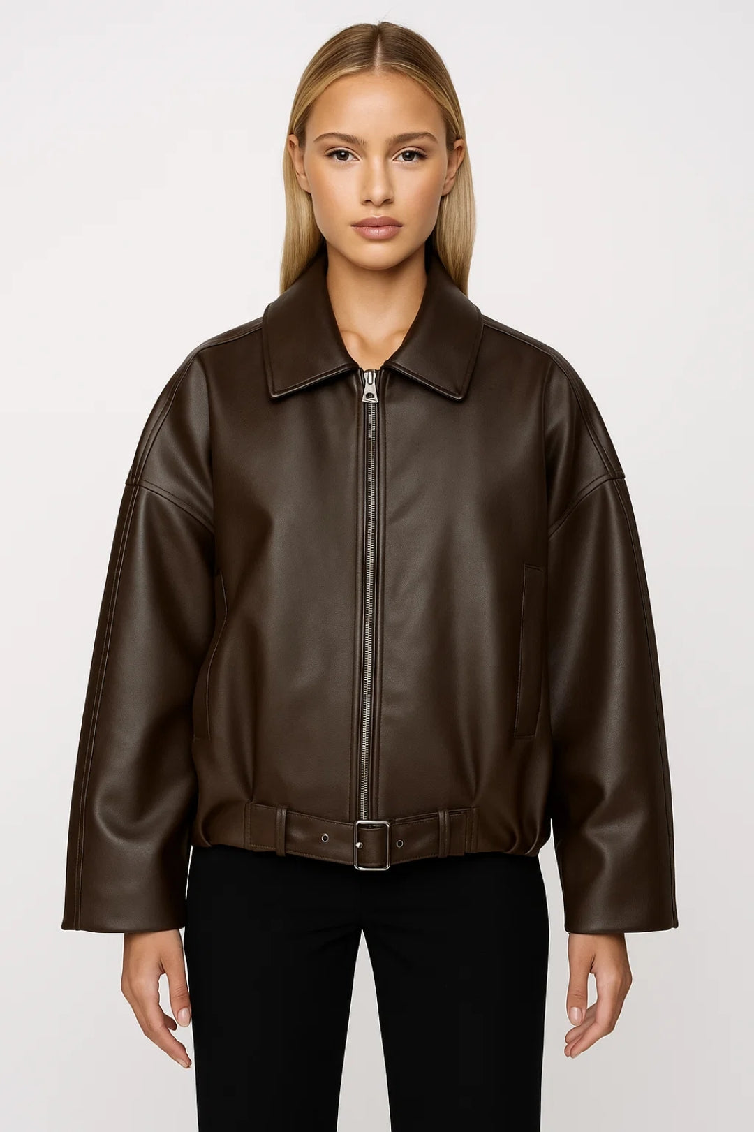Barbara | Veste élégante oversize courte zippée en simili cuir avec ceinture pour femme