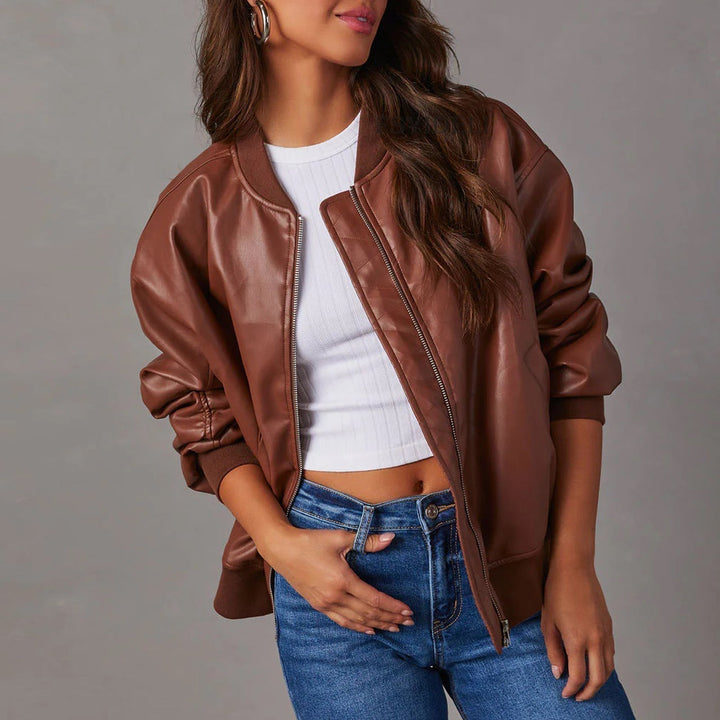 Norah | Blouson chic oversize en cuir à col côtelé pour femme