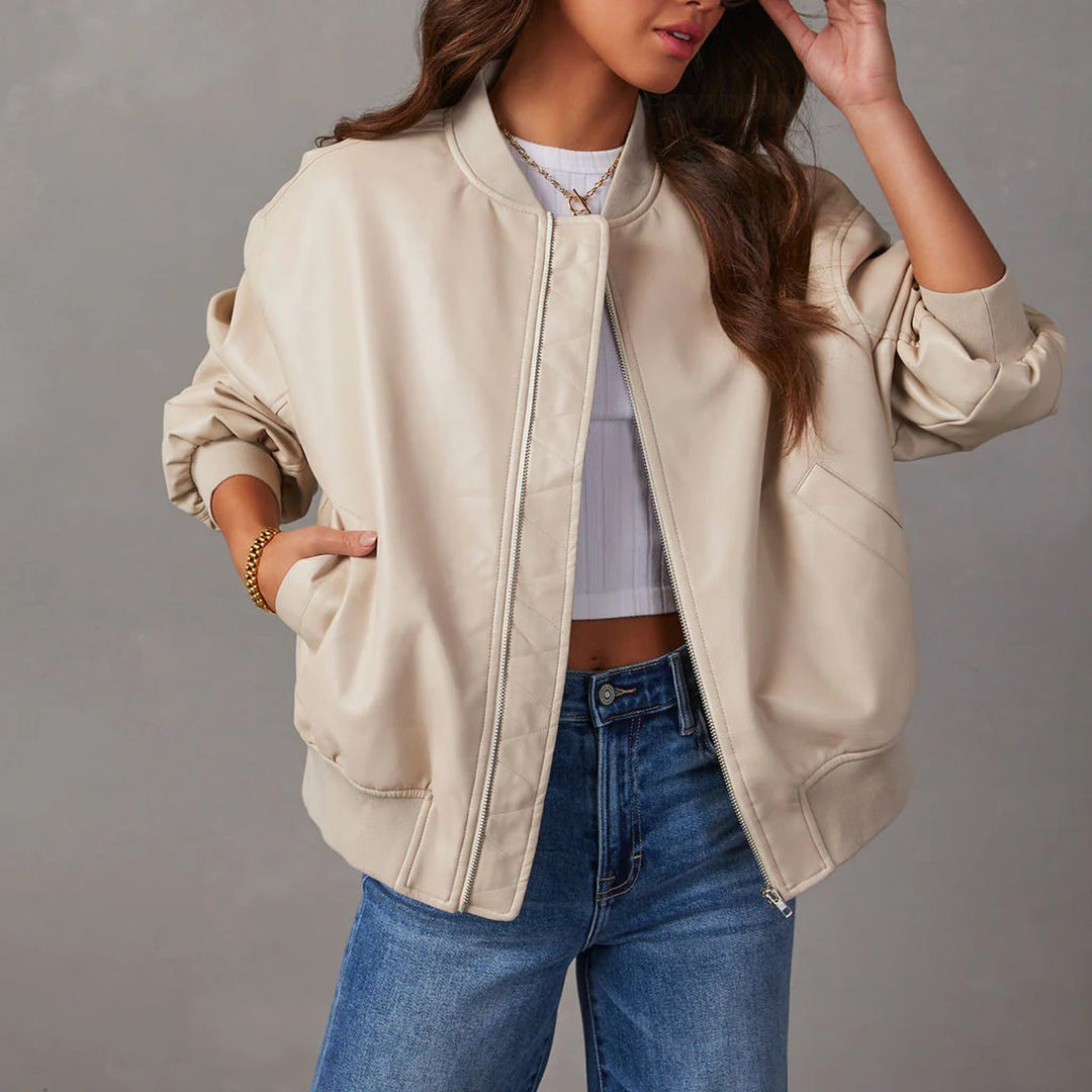 Norah | Blouson chic oversize en cuir à col côtelé pour femme
