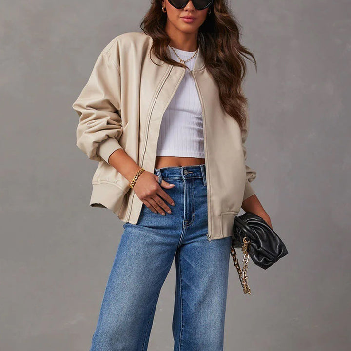 Norah | Blouson chic oversize en cuir à col côtelé pour femme