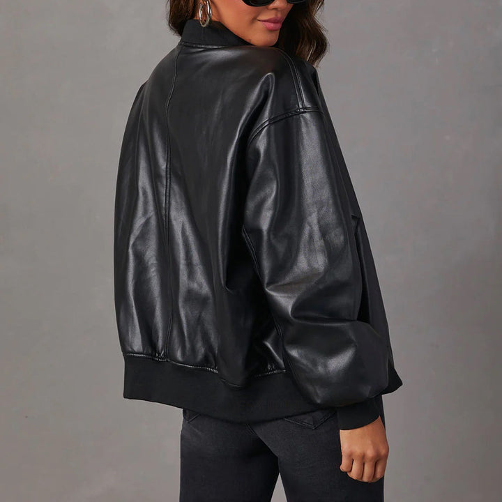 Norah | Blouson chic oversize en cuir à col côtelé pour femme