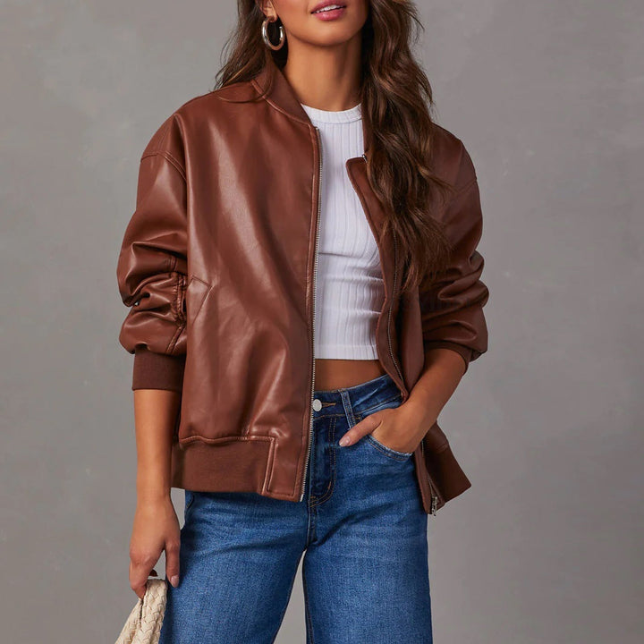 Norah | Blouson chic oversize en cuir à col côtelé pour femme