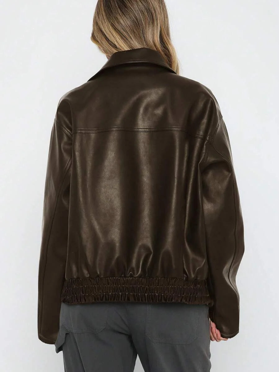 Séléna | Veste élégante oversize en simili cuir à col large et ourlet froncé pour femme