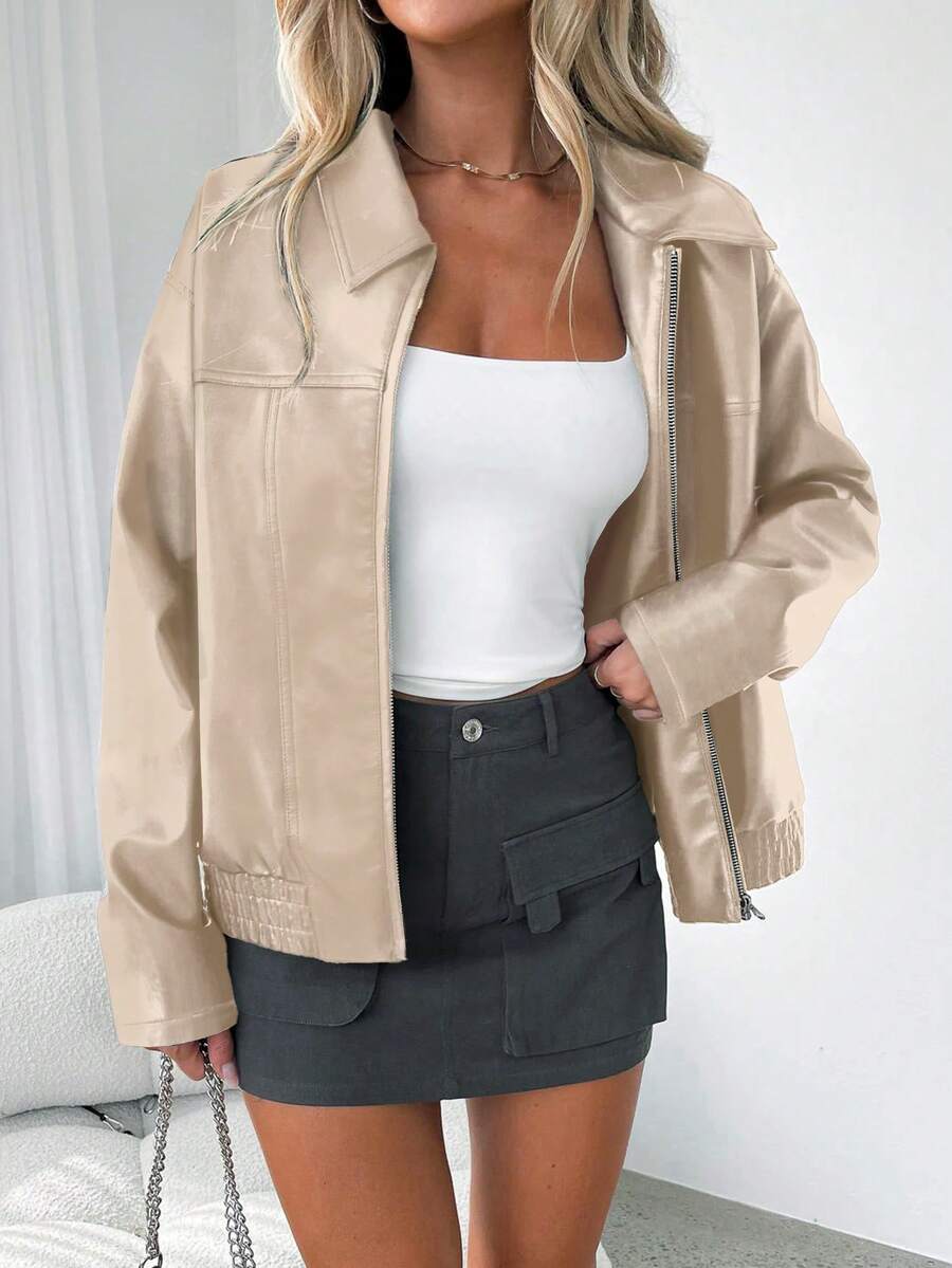 Séléna | Veste élégante oversize en simili cuir à col large et ourlet froncé pour femme