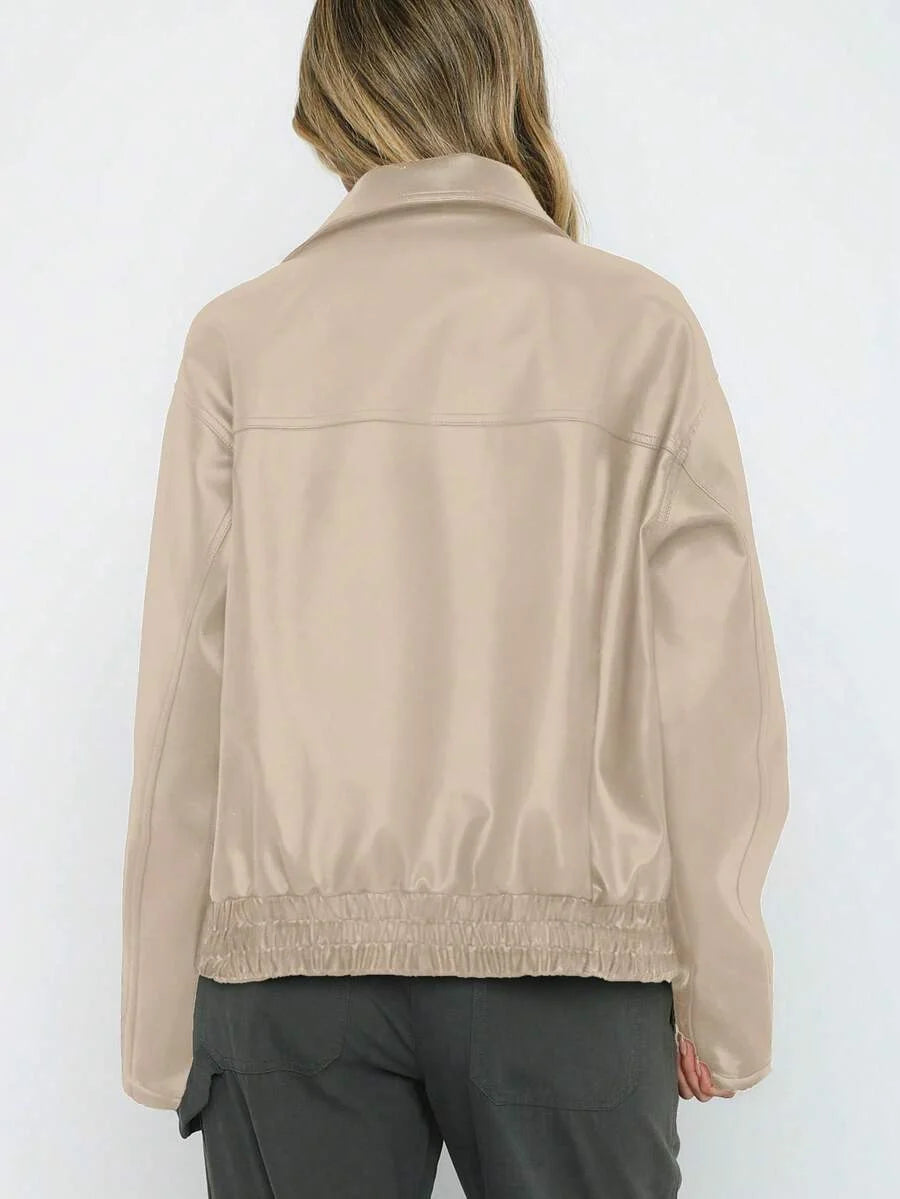 Séléna | Veste élégante oversize en simili cuir à col large et ourlet froncé pour femme