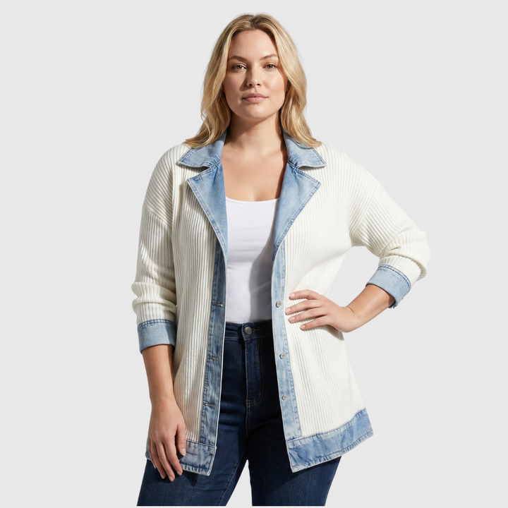 Odile | Veste chic en maille côtelée à finitions en jean pour femme