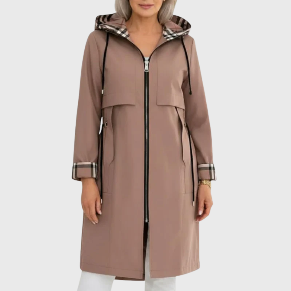 Lilas | Trench élégant long zippé à capuche avec cordon à la taille pour femme