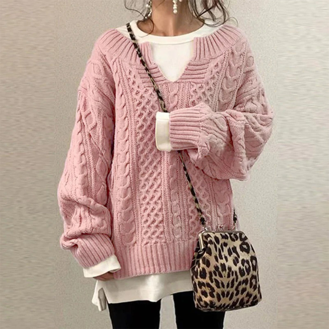Éléonore | Pull chic oversize en maille à torsades à col V pour femme