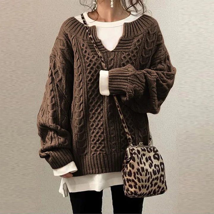 Éléonore | Pull chic oversize en maille à torsades à col V pour femme