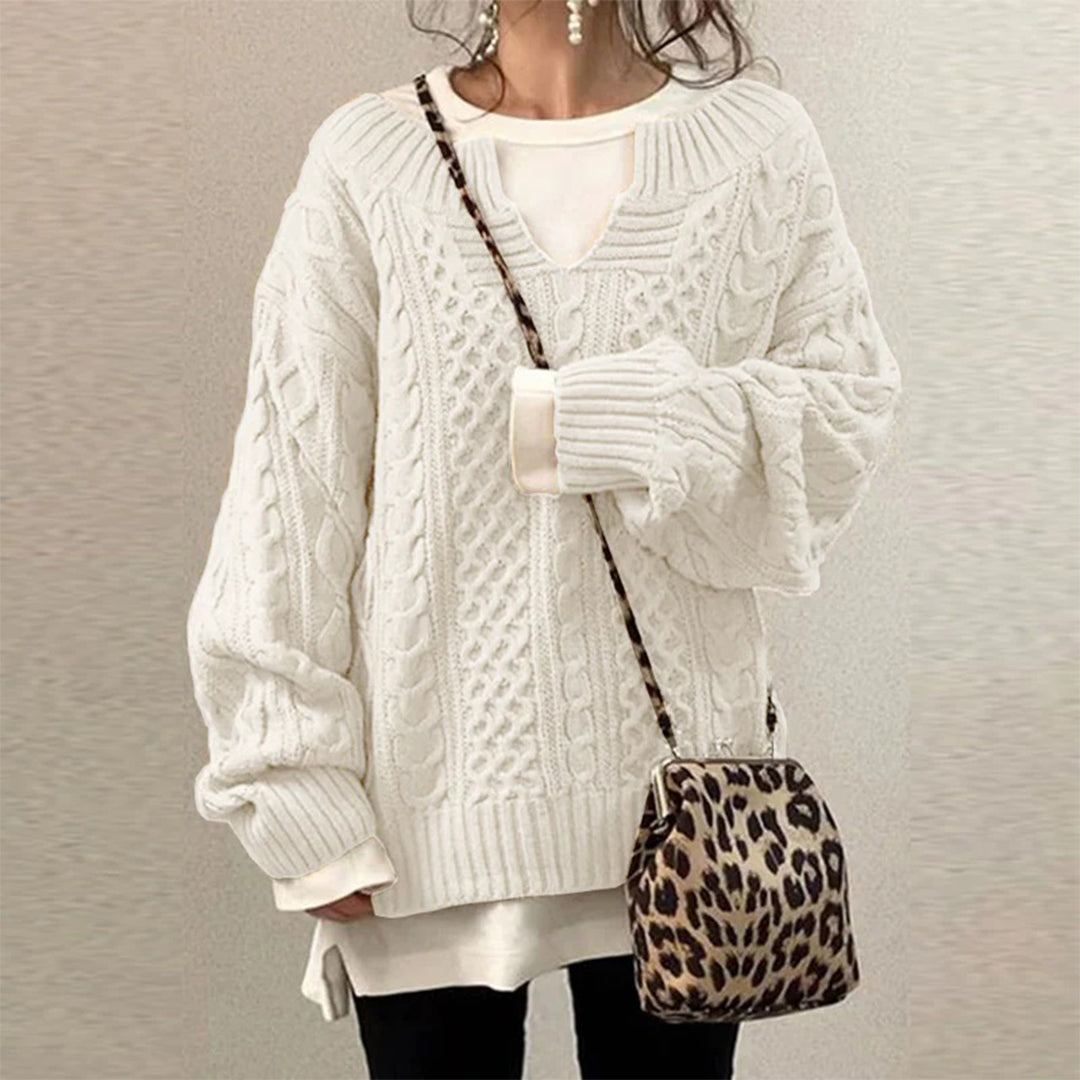 Éléonore | Pull chic oversize en maille à torsades à col V pour femme