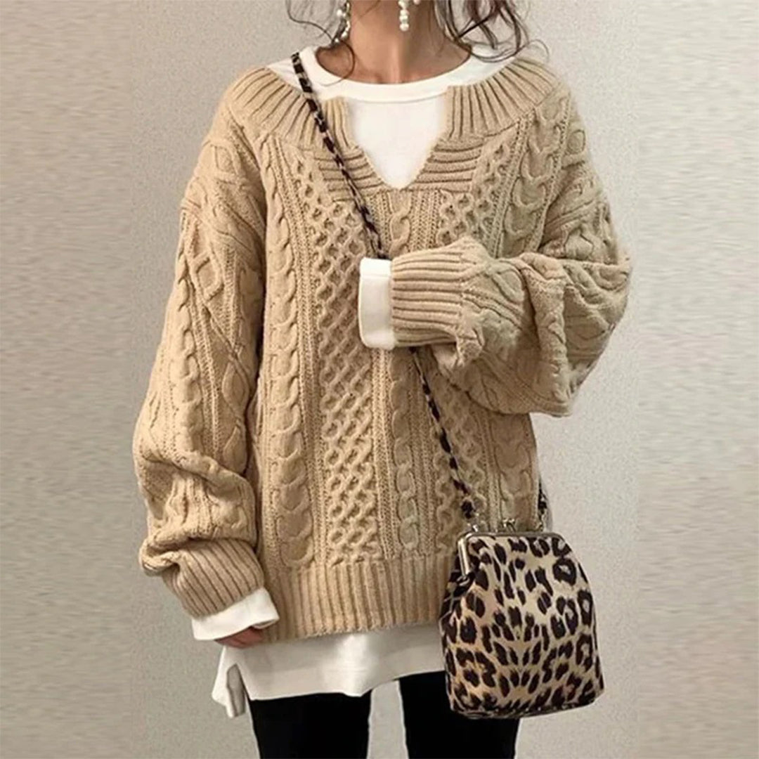 Éléonore | Pull chic oversize en maille à torsades à col V pour femme