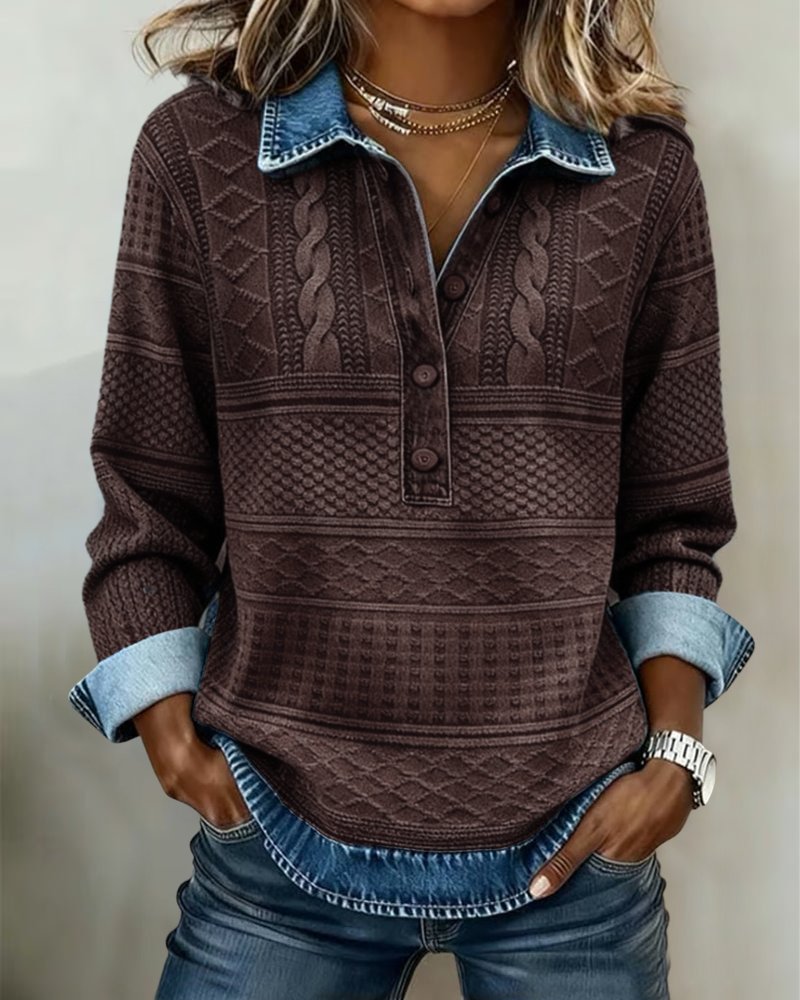 Prudence | Pull élégant en maille torsadée à col en jean et boutons pour femme