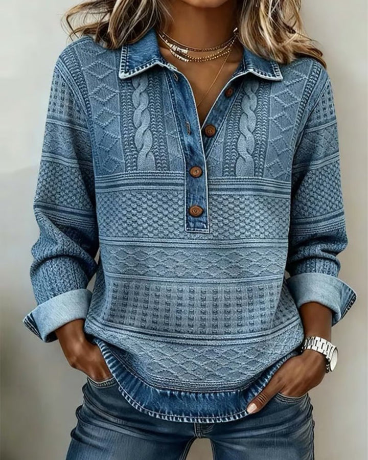 Prudence | Pull élégant en maille torsadée à col en jean et boutons pour femme