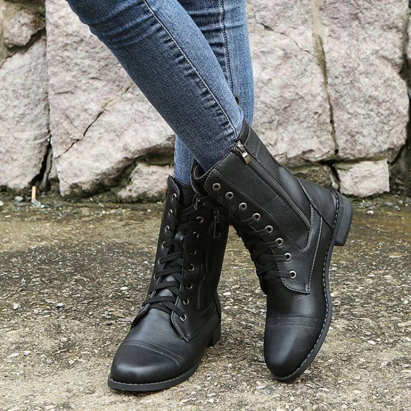 Lorette | Bottes chic en cuir synthétique à lacets et fermeture éclair pour femme