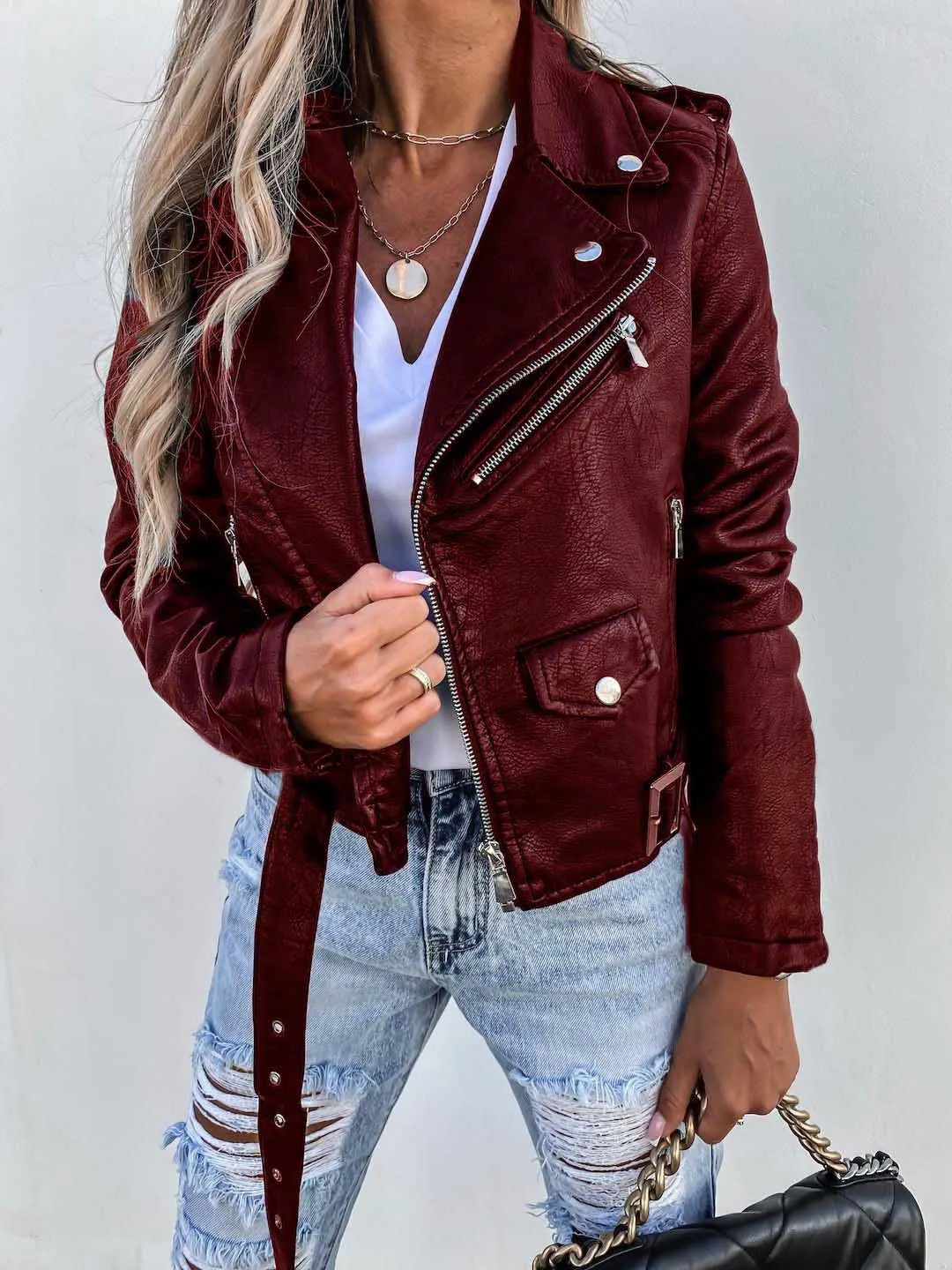 Leïla | Veste chic courte mi-saison en simili cuir à fermeture éclair pour femme