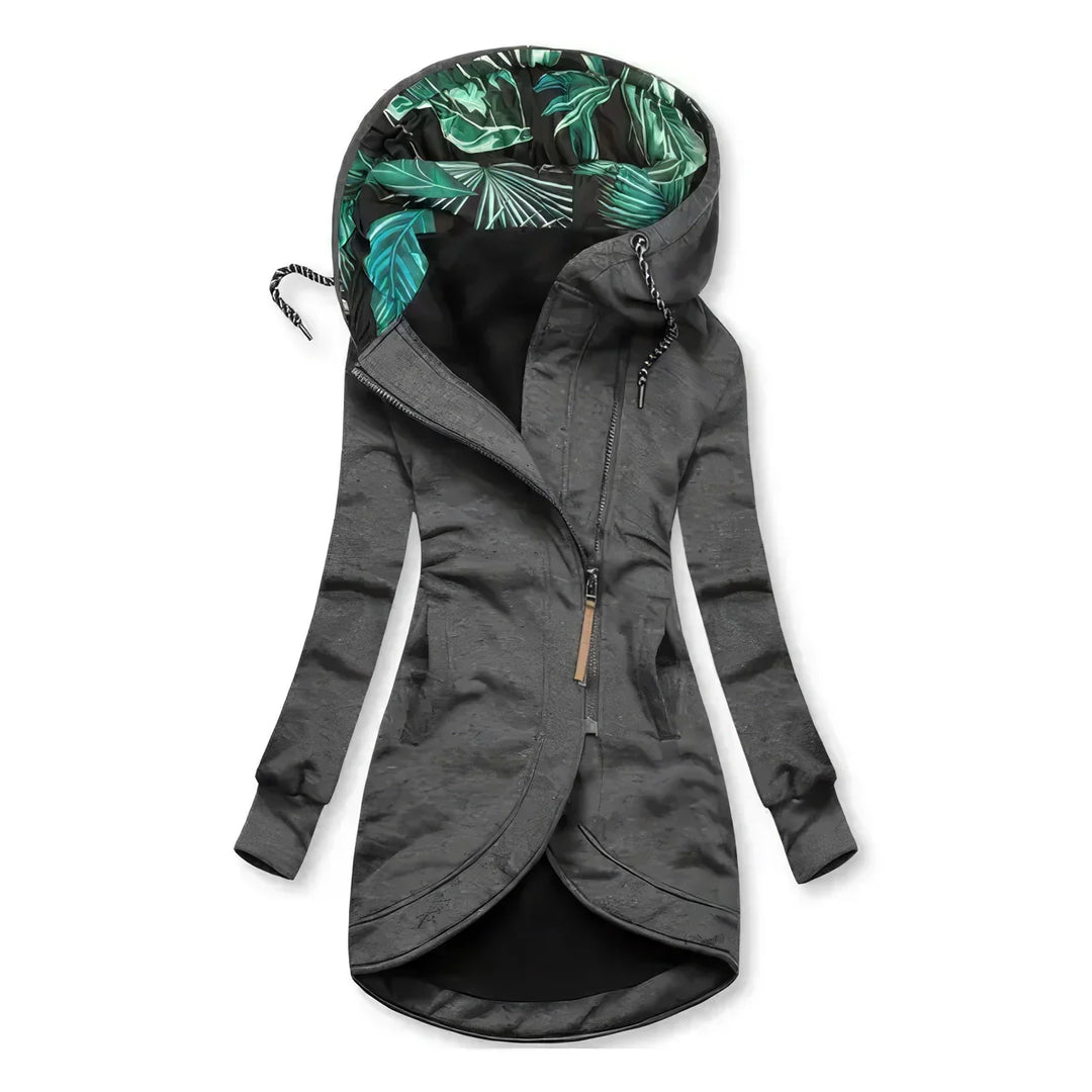Océanie | Veste élégante longue à capuche et fermeture zippée asymétrique pour femme