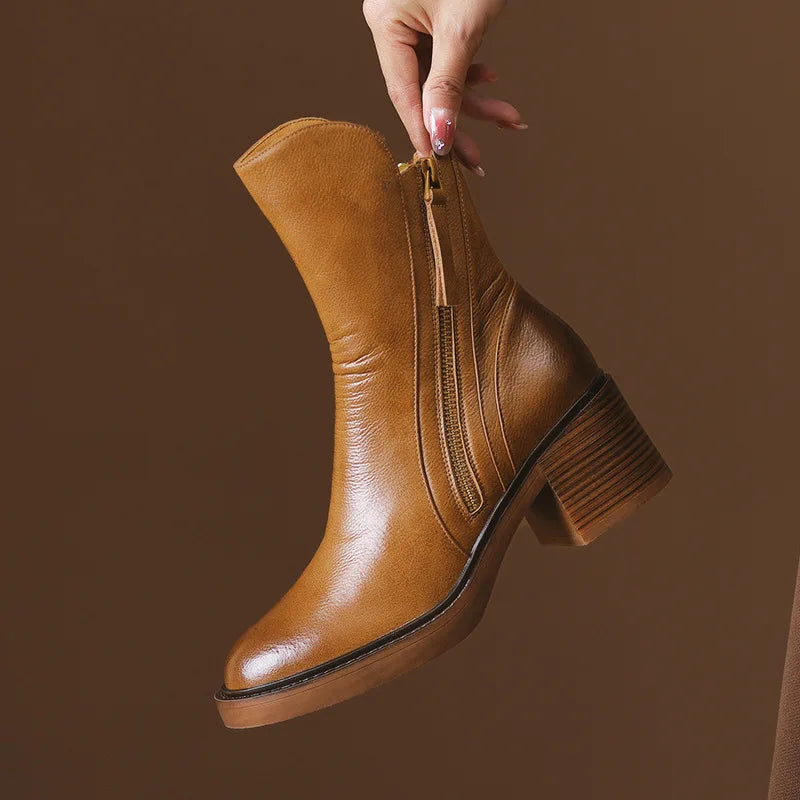 Rosalinde | Bottines chic en cuir à talon carré et fermeture éclair latérale pour femme