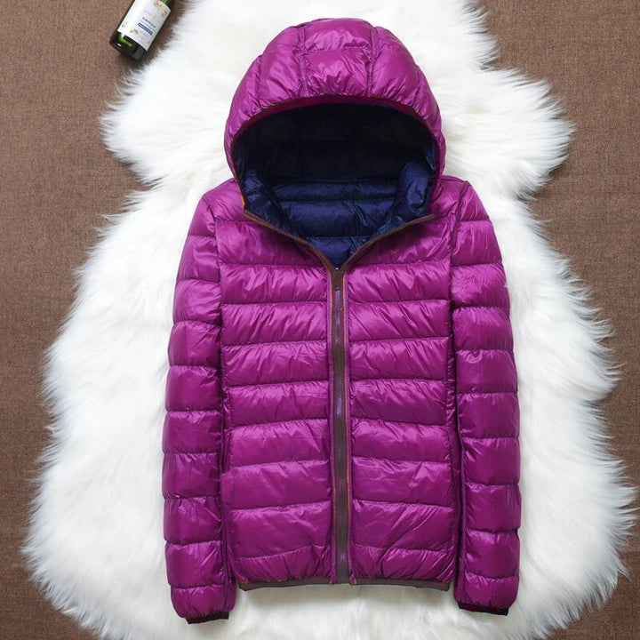 Flavia | Doudoune élégante légère réversible en duvet à capuche pour femme