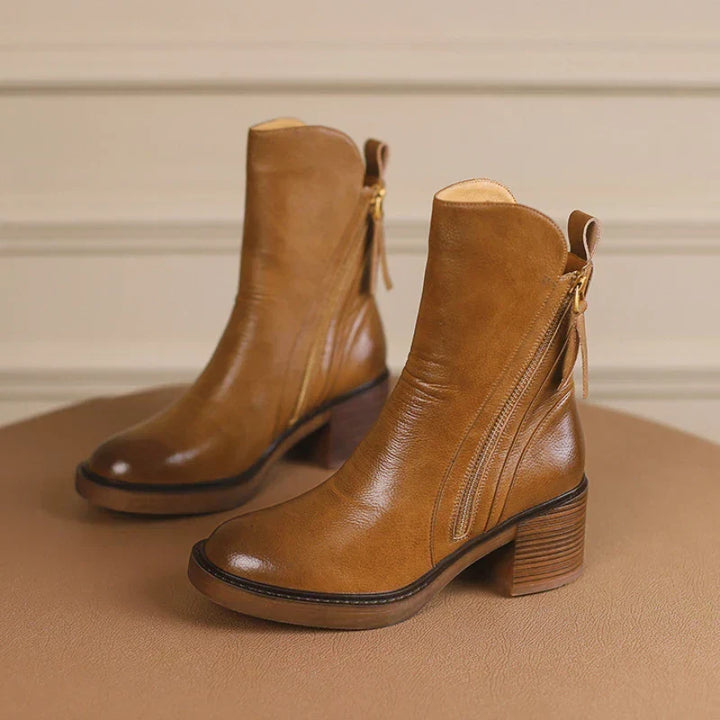 Rosalinde | Bottines chic en cuir à talon carré et fermeture éclair latérale pour femme