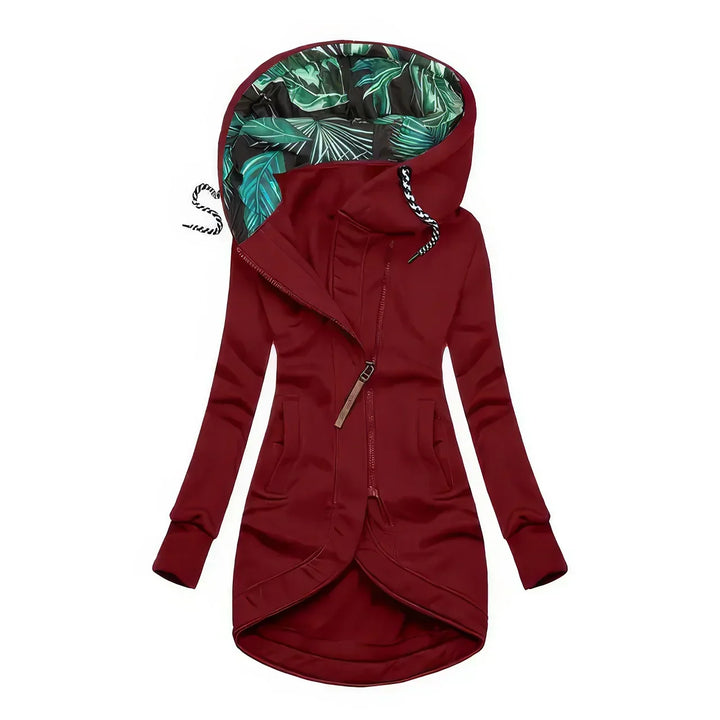 Océanie | Veste élégante longue à capuche et fermeture zippée asymétrique pour femme