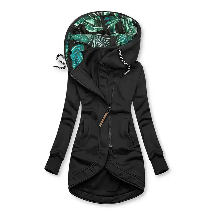 Océanie | Veste élégante longue à capuche et fermeture zippée asymétrique pour femme