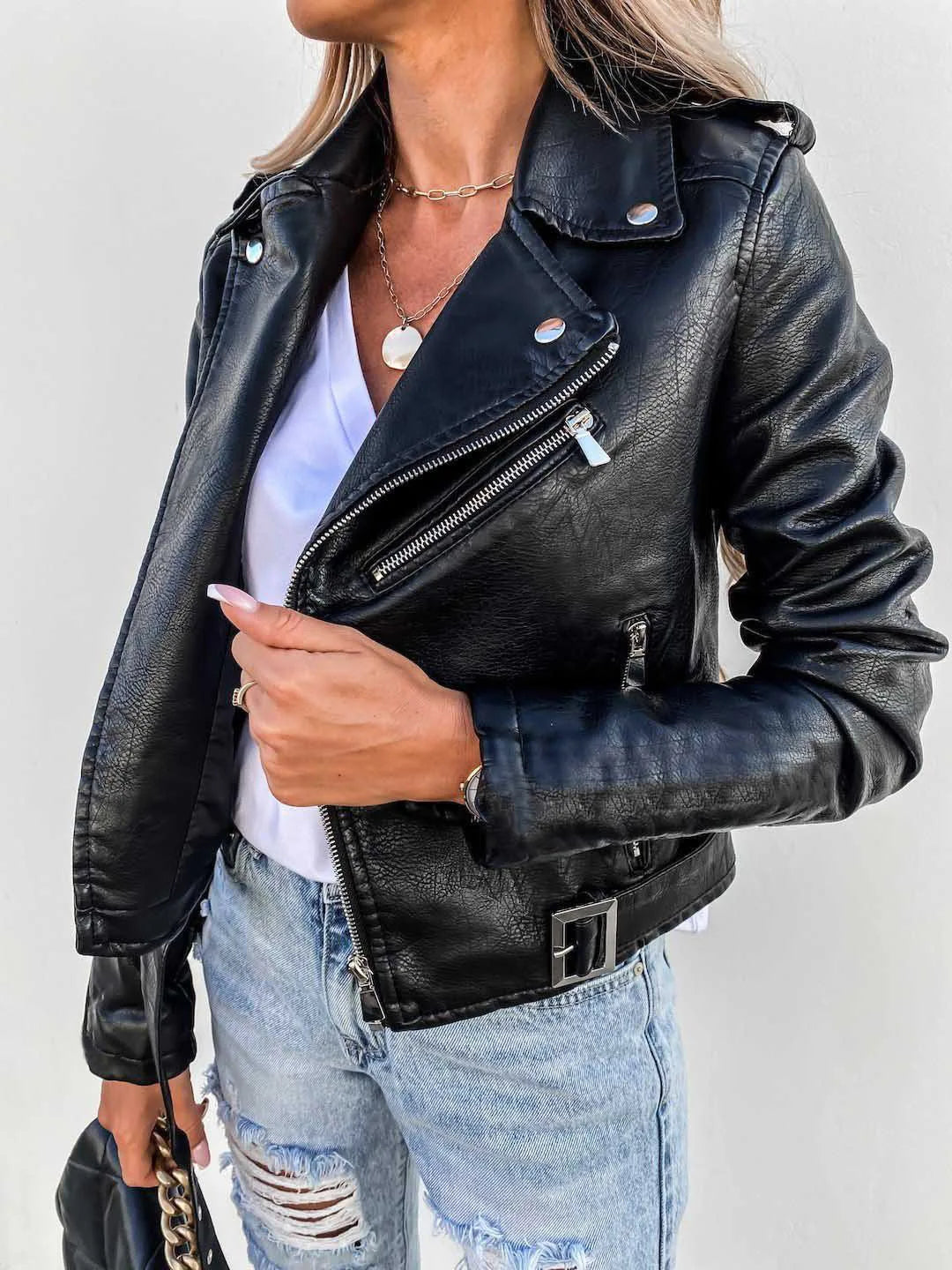 Leïla | Veste chic courte mi-saison en simili cuir à fermeture éclair pour femme