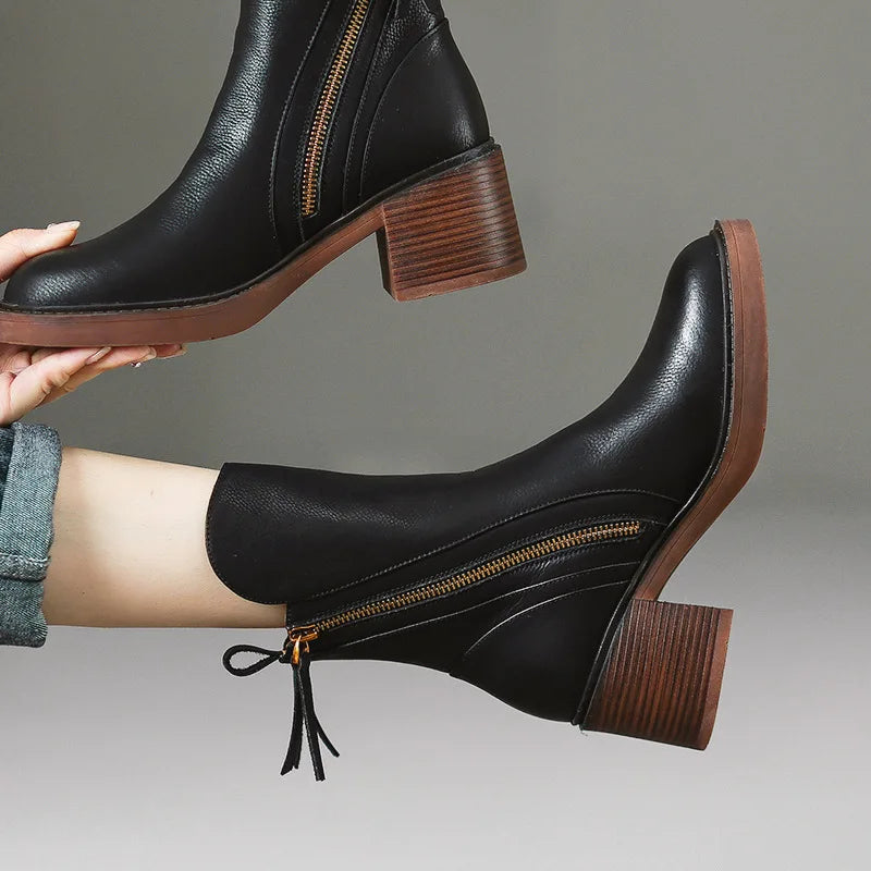 Rosalinde | Bottines chic en cuir à talon carré et fermeture éclair latérale pour femme