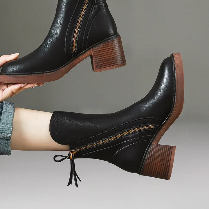 Rosalinde | Bottines chic en cuir à talon carré et fermeture éclair latérale pour femme