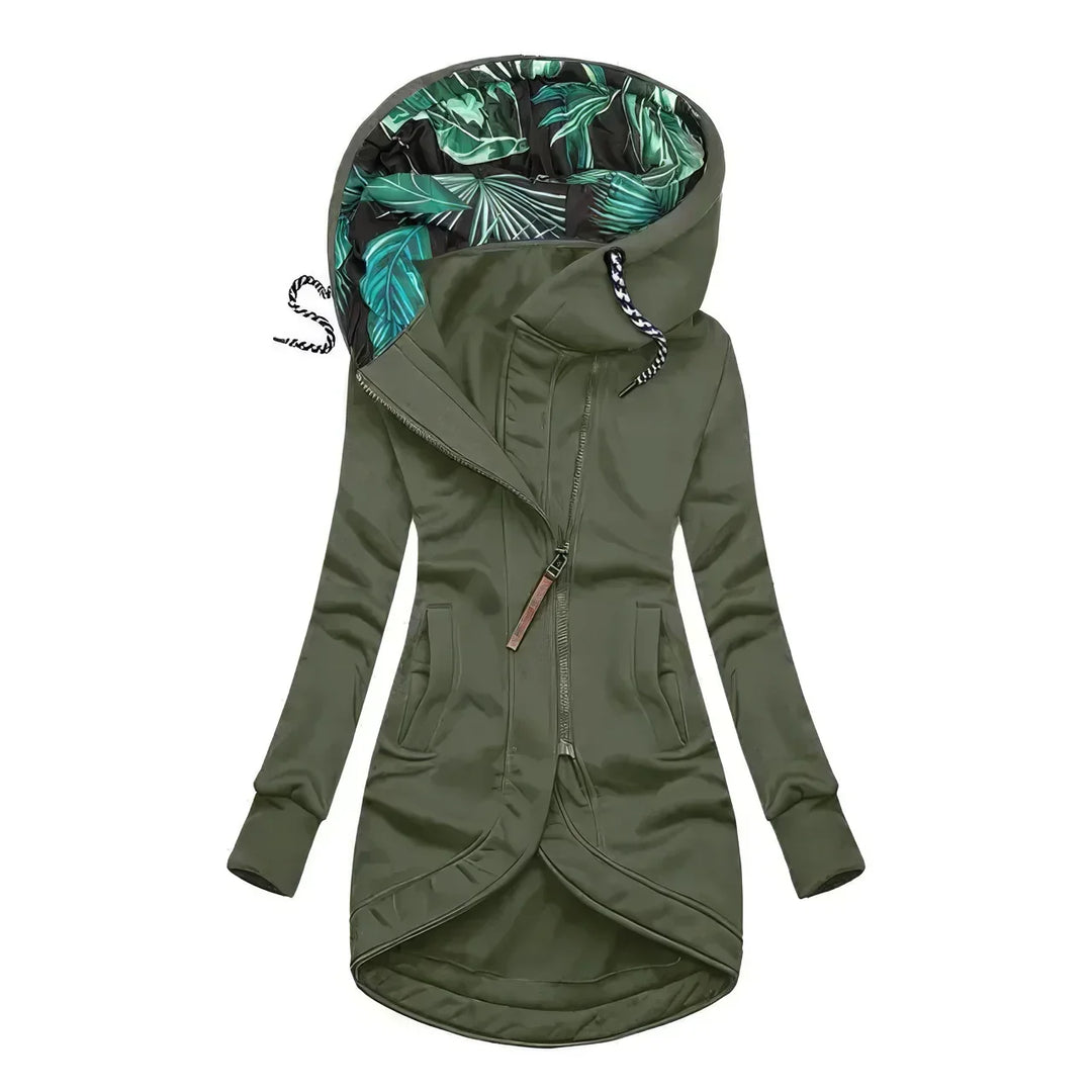Océanie | Veste élégante longue à capuche et fermeture zippée asymétrique pour femme