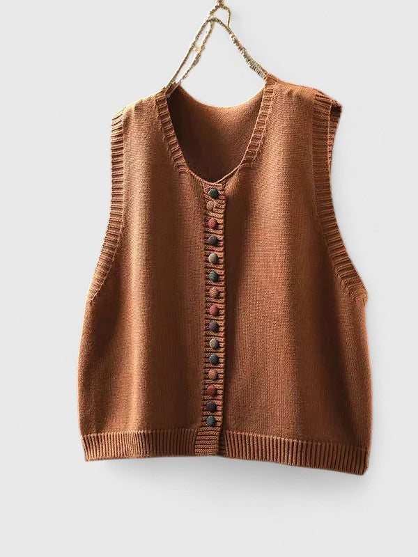 Véronique | Gilet élégant sans manches en maille à col V et boutons pour femme