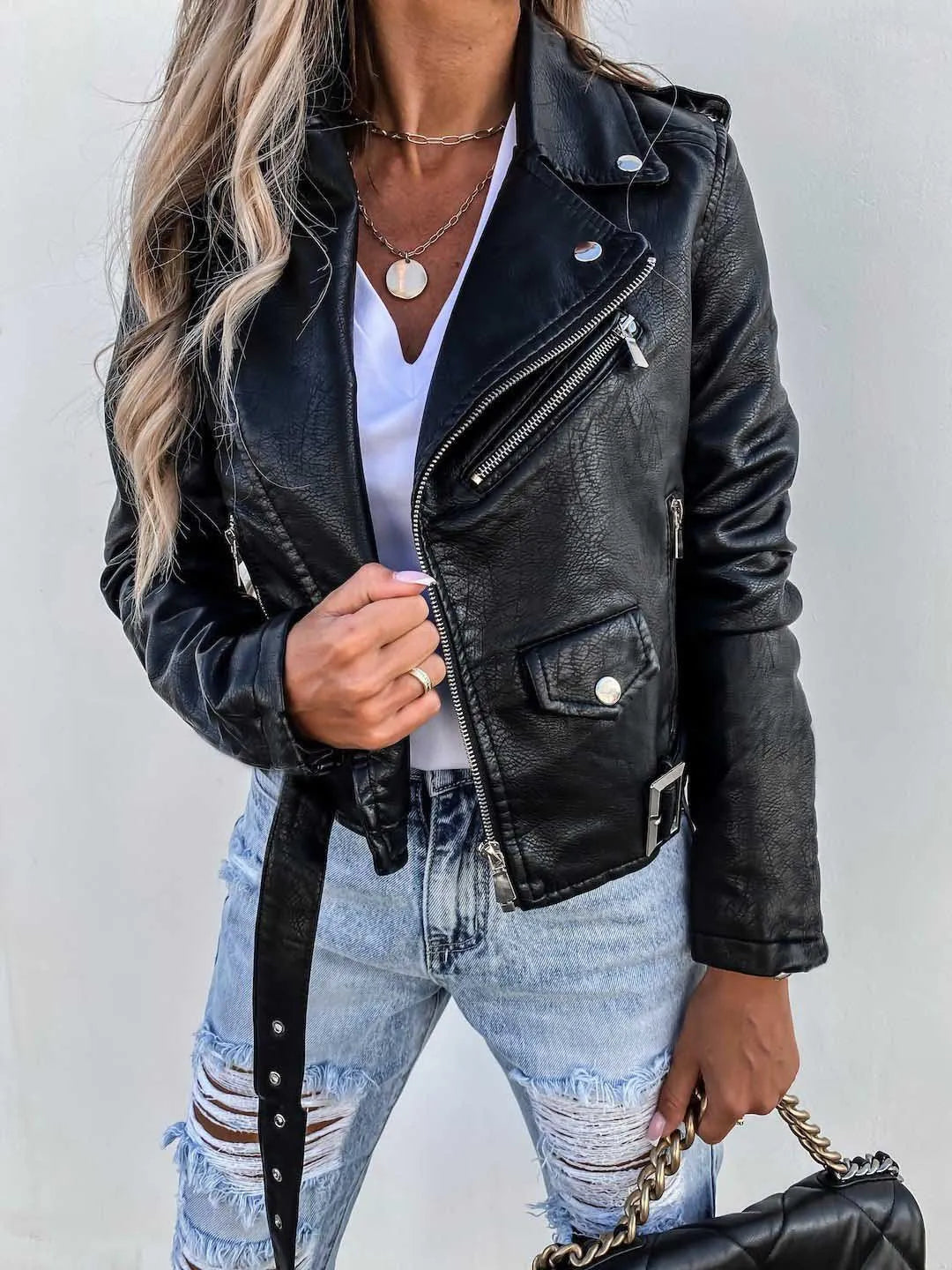 Leïla | Veste chic courte mi-saison en simili cuir à fermeture éclair pour femme
