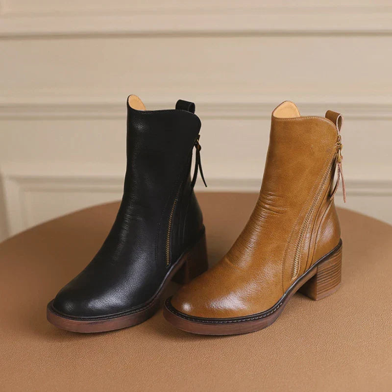Rosalinde | Bottines chic en cuir à talon carré et fermeture éclair latérale pour femme