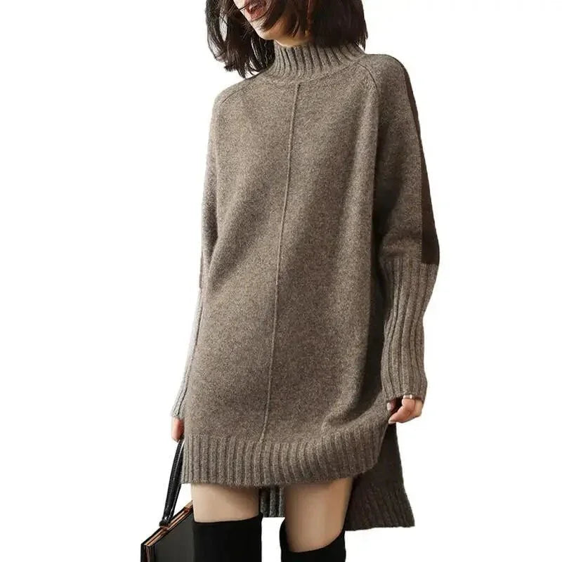 Gertrude | Robe pull élégante longue oversize en maille côtelée à col roulé pour femme