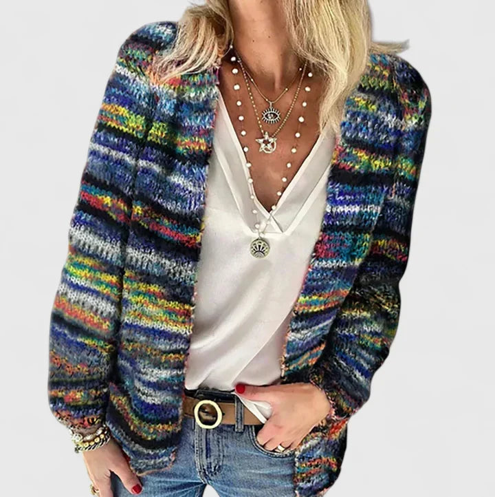 Adélaïde | Cardigan élégant long rayé multicolore en grosse maille pour femme