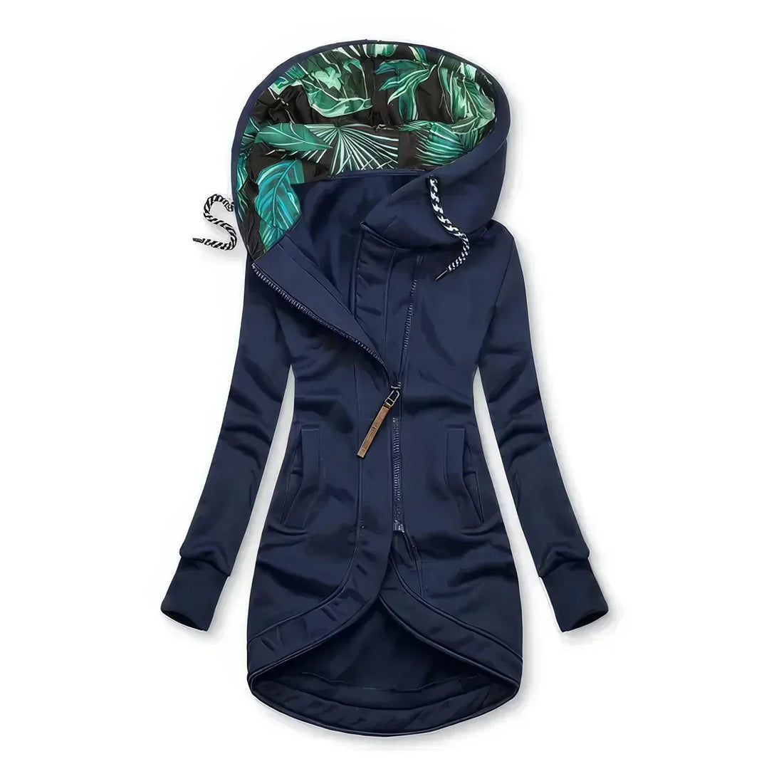Océanie | Veste élégante longue à capuche et fermeture zippée asymétrique pour femme