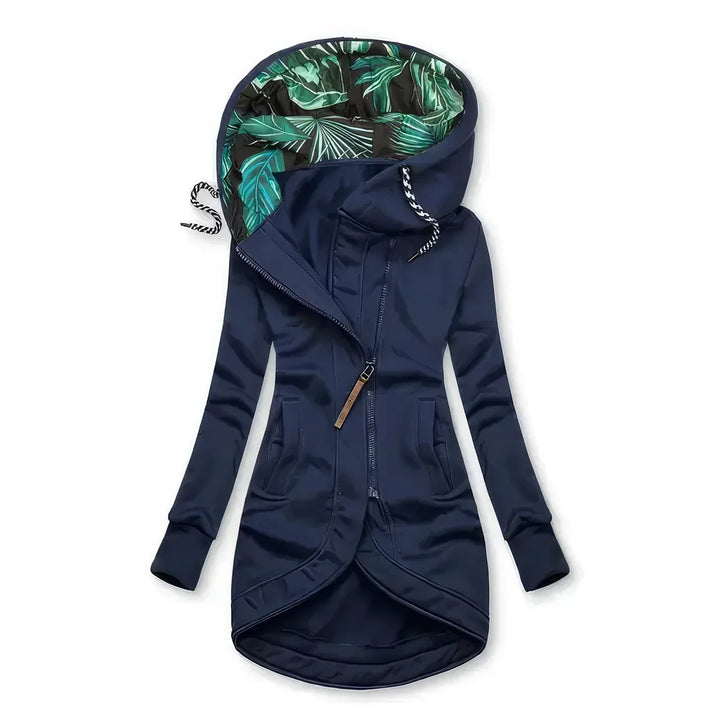 Océanie | Veste élégante longue à capuche et fermeture zippée asymétrique pour femme