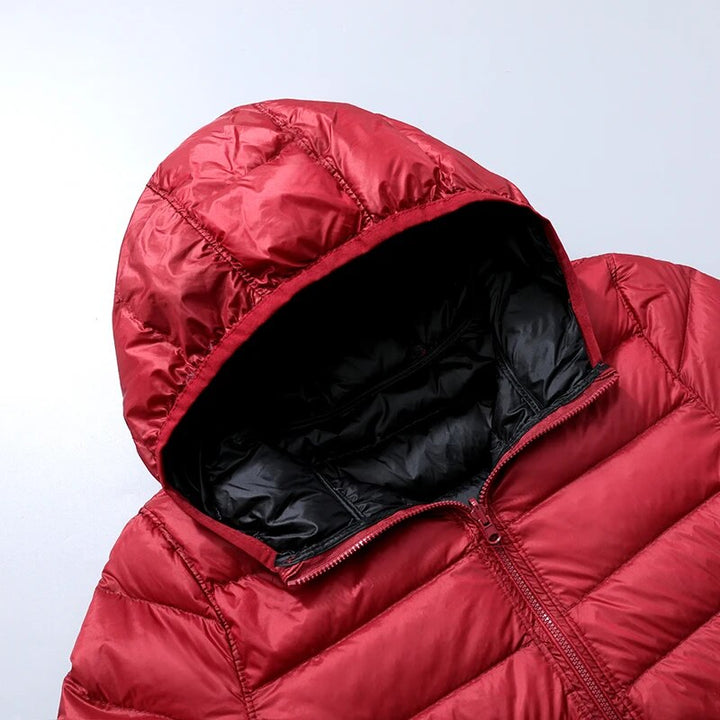 Flavia | Doudoune élégante légère réversible en duvet à capuche pour femme