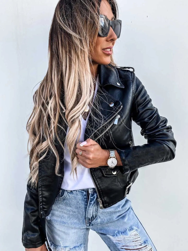 Leïla | Veste chic courte mi-saison en simili cuir à fermeture éclair pour femme
