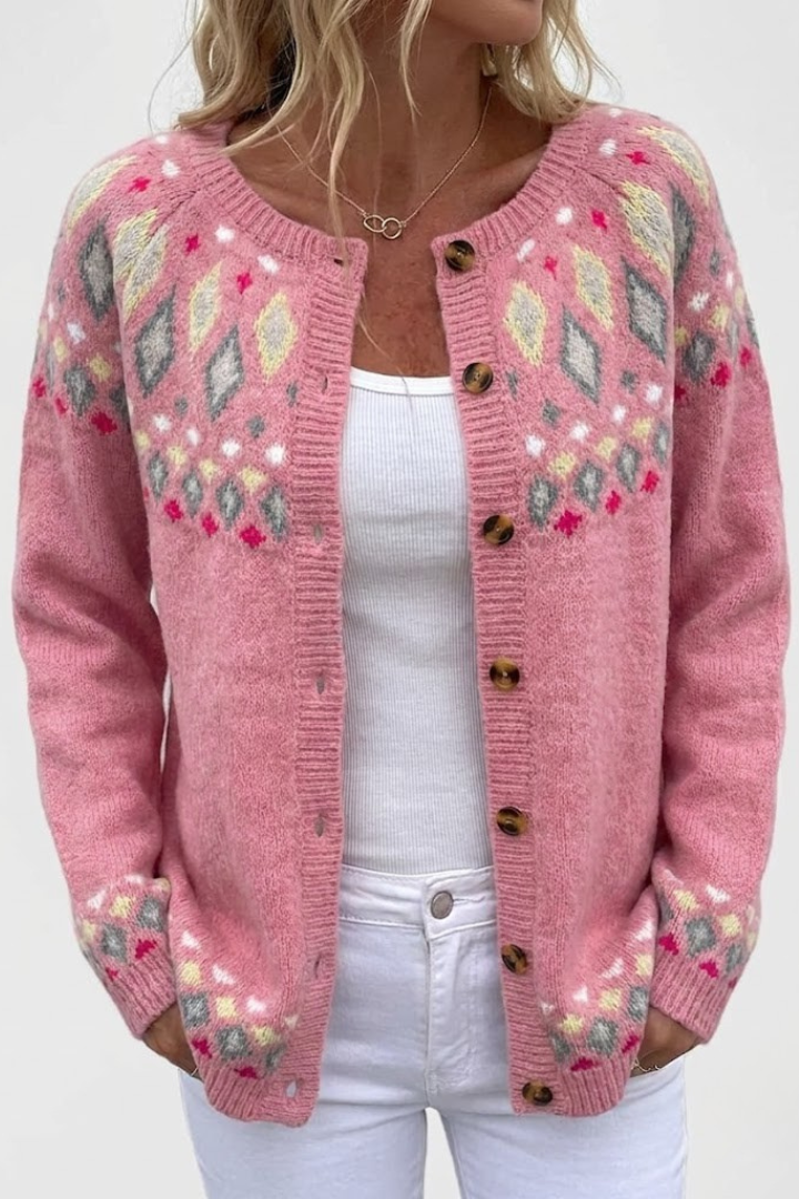 Athénaïs | Cardigan chic rose en maille à broderie florale pour femme