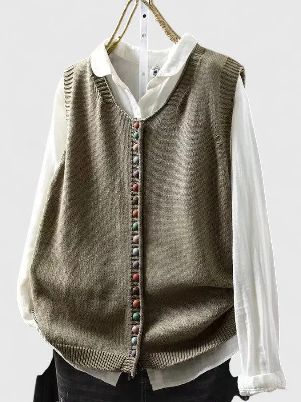 Véronique | Gilet élégant sans manches en maille à col V et boutons pour femme