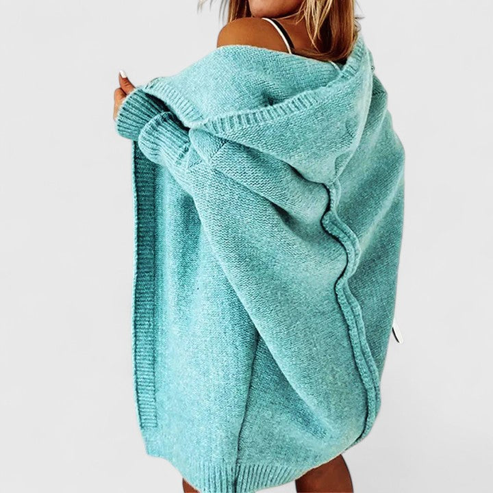 Ines | Cardigan élégant long oversize en maille à capuche pour femme
