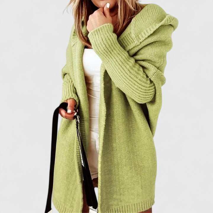 Ines | Cardigan élégant long oversize en maille à capuche pour femme