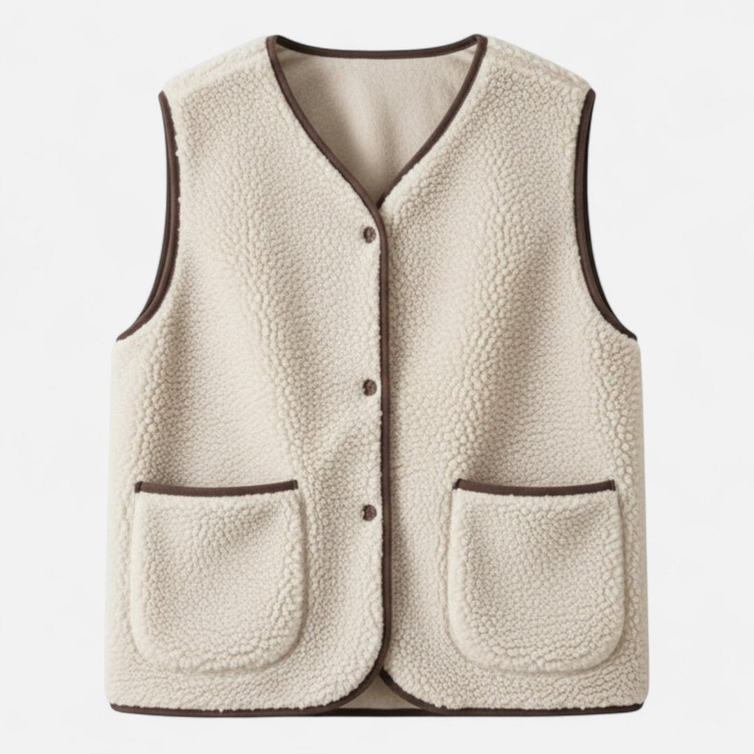 Rebecca | Gilet élégant sans manches en sherpa à col V et boutons pour femme