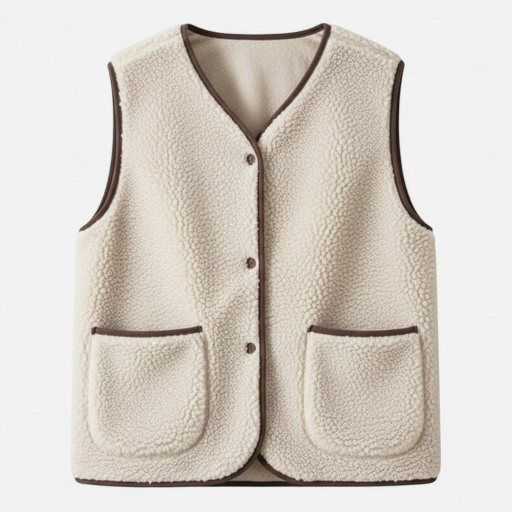 Rebecca | Gilet élégant sans manches en sherpa à col V et boutons pour femme